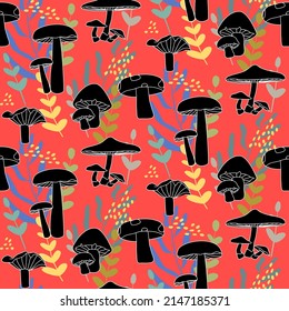 Vector seamless half-drop pattern, with mushrooms
