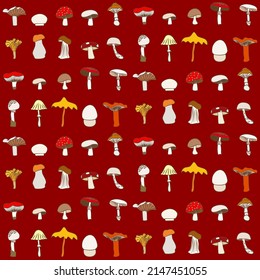 Vector seamless half-drop pattern, with mushrooms