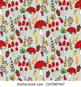 Vector seamless half-drop pattern, with mushrooms