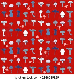 Vector seamless half-drop pattern, with mushrooms