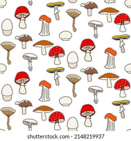 Vector seamless half-drop pattern, with mushrooms