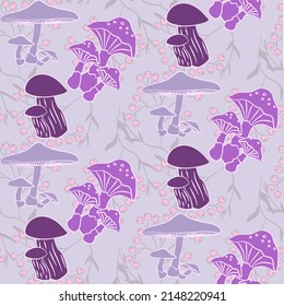 Vector seamless half-drop pattern, with mushrooms