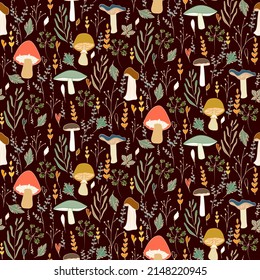 Vector seamless half-drop pattern, with mushrooms