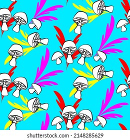 Vector seamless half-drop pattern, with mushrooms