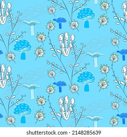 Vector seamless half-drop pattern, with mushrooms