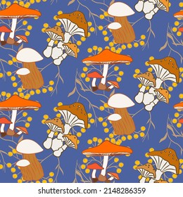 Vector seamless half-drop pattern, with mushrooms