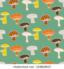 Vector seamless half-drop pattern, with mushrooms