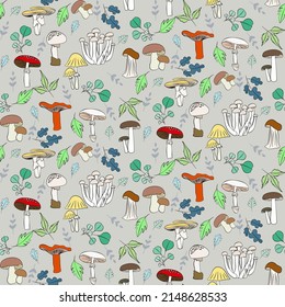 Vector seamless half-drop pattern, with mushrooms