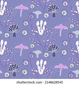 Vector seamless half-drop pattern, with mushrooms