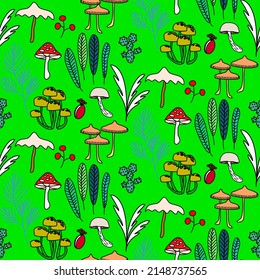 Vector seamless half-drop pattern, with mushrooms and cactus 