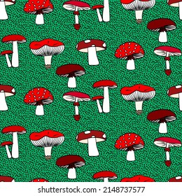 Vector seamless half-drop pattern, with mushrooms