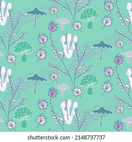 Vector seamless half-drop pattern, with mushrooms
