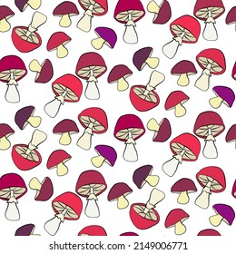 Vector seamless half-drop pattern, with mushrooms