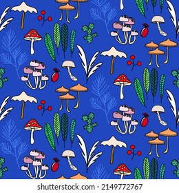 Vector seamless half-drop pattern, with mushrooms and cactus 