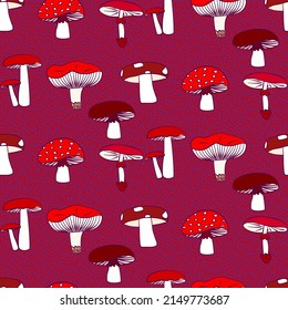 Vector seamless half-drop pattern, with mushrooms