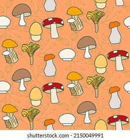 Vector seamless half-drop pattern, with mushrooms
