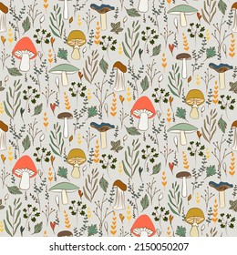 Vector seamless half-drop pattern, with mushrooms