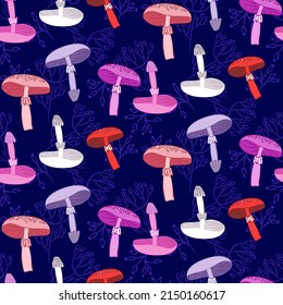Vector seamless half-drop pattern, with mushrooms