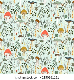 Vector seamless half-drop pattern, with mushrooms