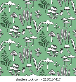 Vector seamless half-drop pattern, with mushrooms and cactus 