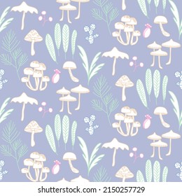 Vector seamless half-drop pattern, with mushrooms and cactus 