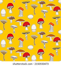 Vector seamless half-drop pattern, with mushrooms