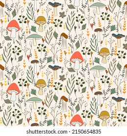 Vector seamless half-drop pattern, with mushrooms