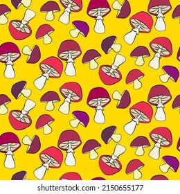 Vector seamless half-drop pattern, with mushrooms