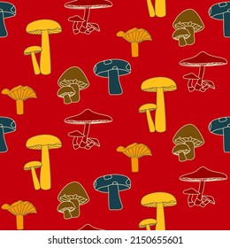 Vector seamless half-drop pattern, with mushrooms