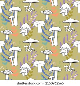 Vector seamless half-drop pattern, with mushrooms