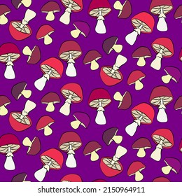 Vector seamless half-drop pattern, with mushrooms