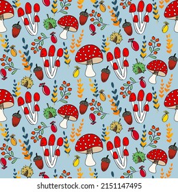Vector seamless half-drop pattern, with mushrooms