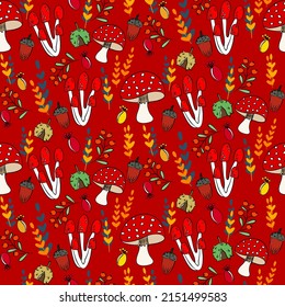 Vector seamless half-drop pattern, with mushrooms