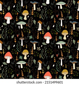 Vector seamless half-drop pattern, with mushrooms