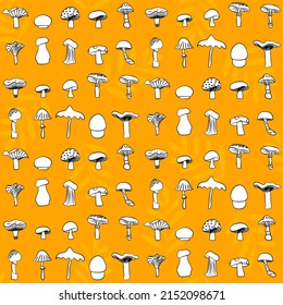 Vector seamless half-drop pattern, with mushrooms