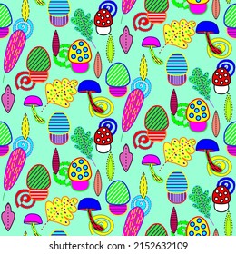 Vector seamless half-drop pattern, with mushrooms