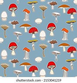 Vector seamless half-drop pattern, with mushrooms
