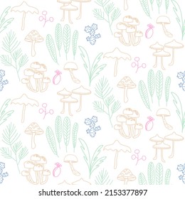 Vector seamless half-drop pattern, with mushrooms