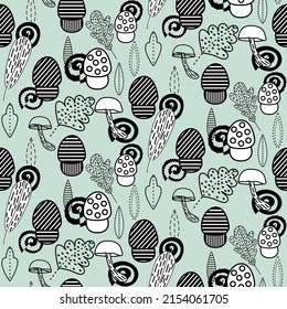 Vector seamless half-drop pattern, with mushrooms