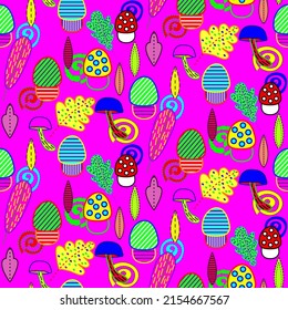 Vector seamless half-drop pattern, with mushrooms