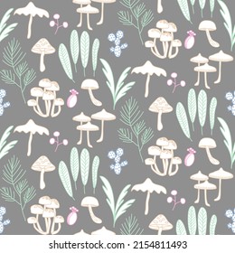 Vector seamless half-drop pattern, with mushrooms
