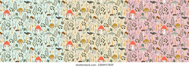 Vector seamless half-drop pattern, with mushrooms