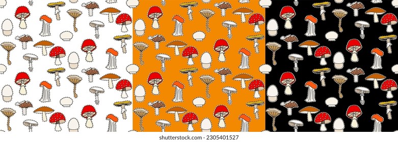 Vector seamless half-drop pattern, with mushrooms