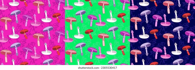 Vector seamless half-drop pattern, with mushrooms