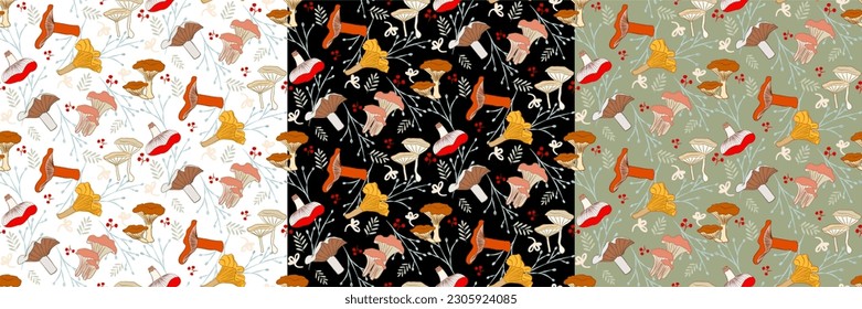 Vector seamless half-drop pattern, with  mushrooms