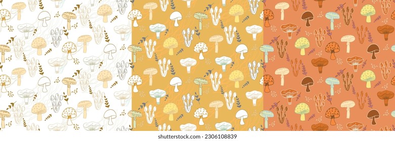 Vector seamless half-drop pattern, with  mushrooms