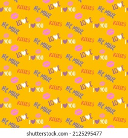 Vector seamless half-drop pattern, with stylish love symbols and word