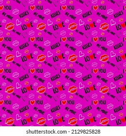 Vector seamless half-drop pattern, with stylish love symbols and word