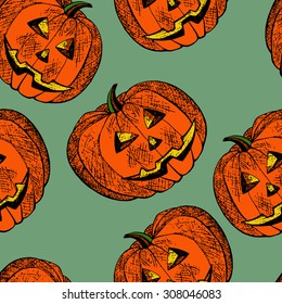 Vector seamless halloween background with smiling pumpkin
