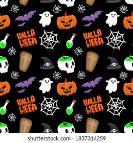 Vector Seamless vector halloween with cute pumpkins pattern with skulls, bats, bones and ghosts Coffin Black background.